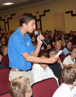 Eighth grader Sam Fox asks Congressman Murphy a question at the end of the assembly.