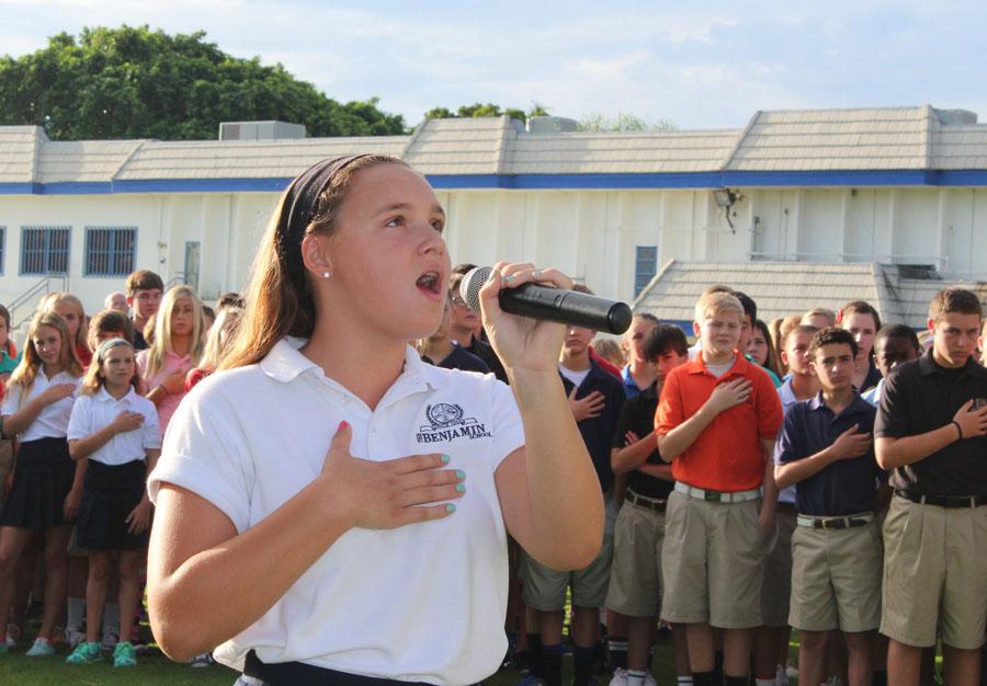 Summer Scott sings the National Anthem during this years 9/11 Ceremony on Kennerly Field.
