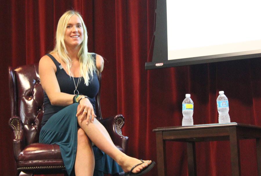 Bethany Hamilton speaks to the fifth graders and middle school students in the BPAC on Wednesday.