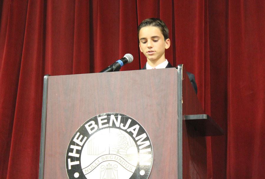 Eighth+grader+Ryan+ONeill+makes+his+case+for+the+office+of+student+council+secretary+during+his+speech+to+the+Middle+School+on+August+31%2C+2015.