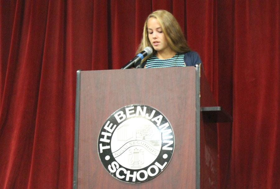 Eighth grader Louisa Weed addresses the students in the BPAC on the morning of Aug. 31, 2015.