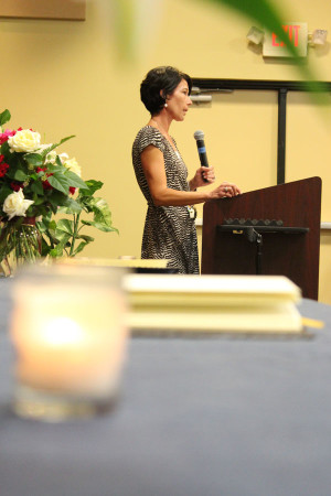 Mrs. Ponchock relays her story to the students during the Honor Code Assembly in the BPAC on Thursday, September 10, 2015.