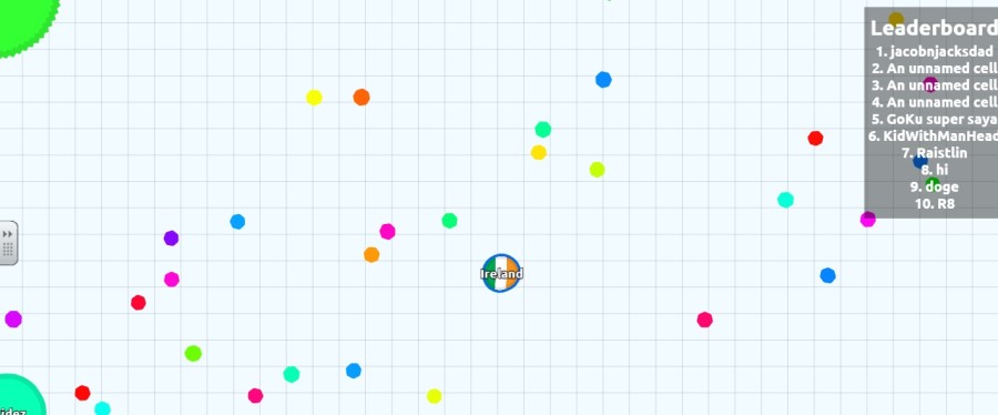 An Agar.io screenshot showing the user, Ireland, surrounded by consumable circles.