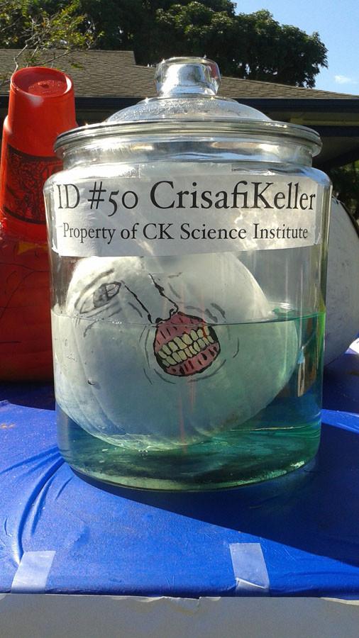 Mr. Crisafis and Mr. Kellers floating head in a jar pumpkin was last years eighth-grade winner.