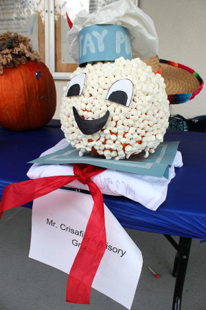 Mr. Crisafi's advisees covered their pumpkin with hundreds of tiny marshmallows to make it resemble the Stay Puft Marshmallow Man.