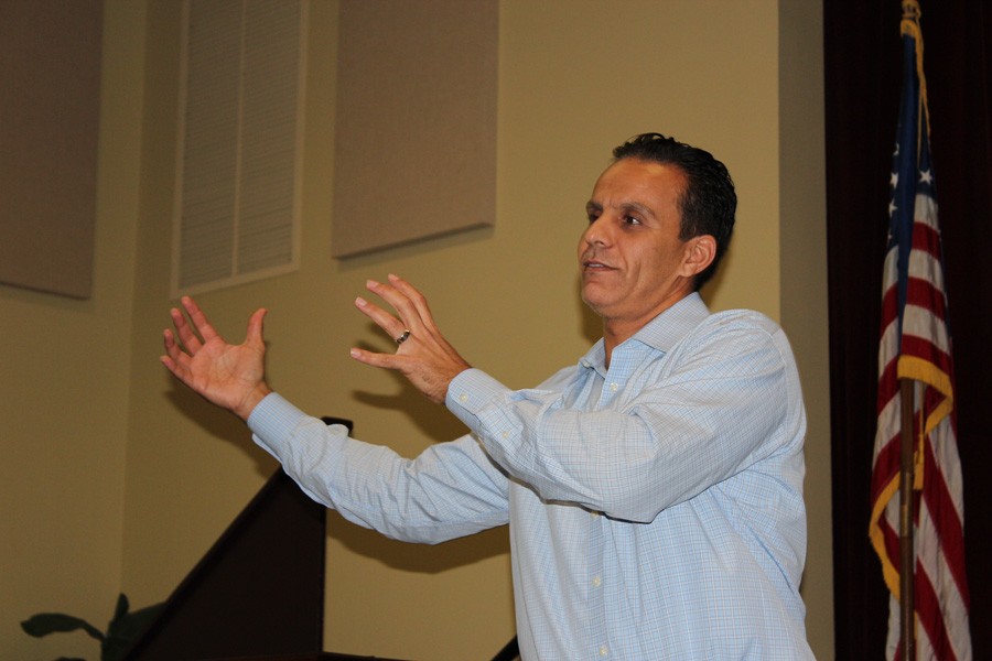 Mr. Aghzafi addresses the middle school students in the BPAC on November 11, 2015.