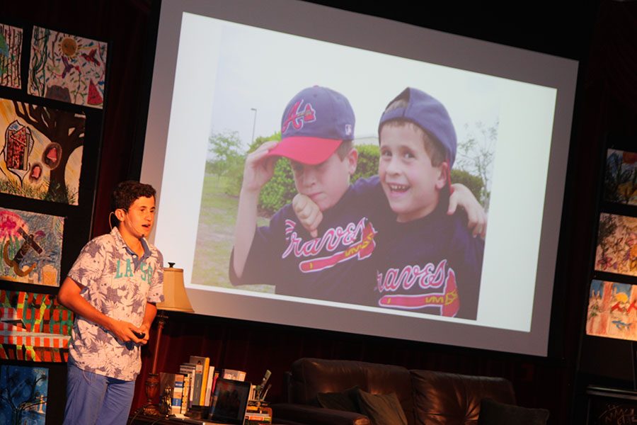 Eighth+grader+Nicky+Amato+gives+his+talk+about+being+an+identical+twin.