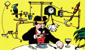 This Rube Goldberg cartoon illustrates the self-operating napkin, one of his many sketches detailing a convoluted device created to perform a simple task.