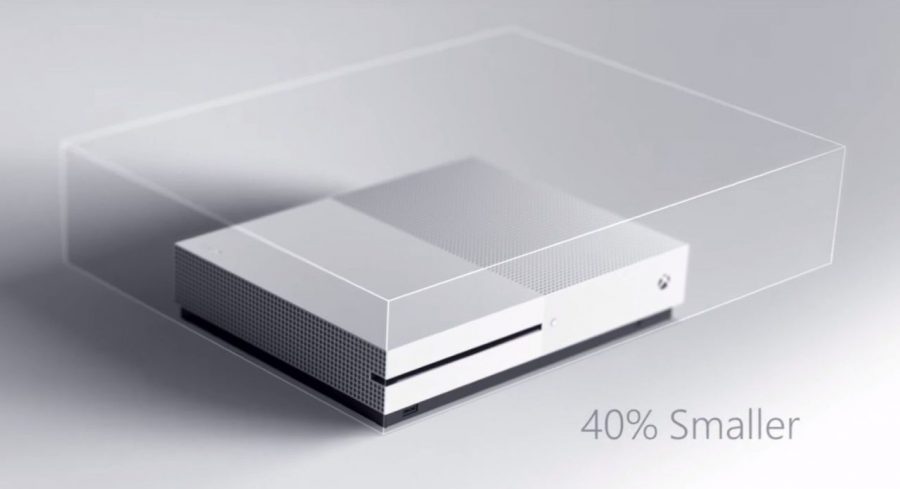 This photo captures the difference in size between the new, smaller Xbox One S and its predecessor, the Xbox one.
