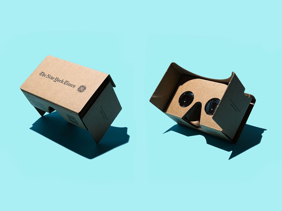 The New York Times cardboard allows users to use their smart phones in conjunction with the NYT VR app for immersive virtual reality experiences. 