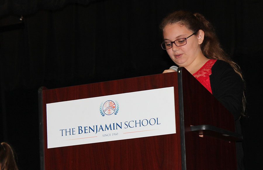 Seventh grader Grace Kearns makes her point for the Republican platform during the debate in the BPAC on Monday, October 17.
