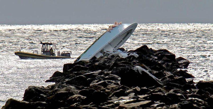 Kaught Stealing, the boat in which José Fernandez was riding, is shown atop the jetty on which it crashed September 25, 2016.