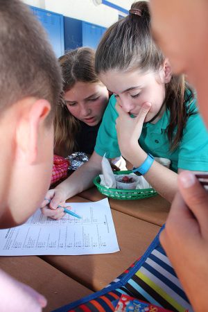 Sixth graders Jessica Holland (right) and Grace Tighe fill out the drug and alcohol awareness trivia sheet during lunch on Monday, October 24.