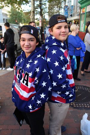 Andrew Schwartz (left) and Preston Pfleegor pose in their newly purchased Washington, D.C. sweatshirts.