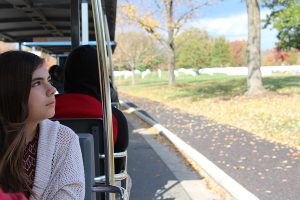 Sydney Haselkorn looks out of the tram during the visit to Arlington National Cemetery.