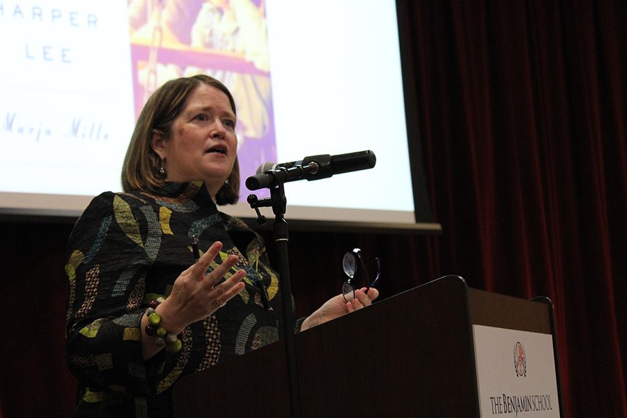 Marja Mills addresses students, parents, and faculty during the evening portion of her presentation on November 17.