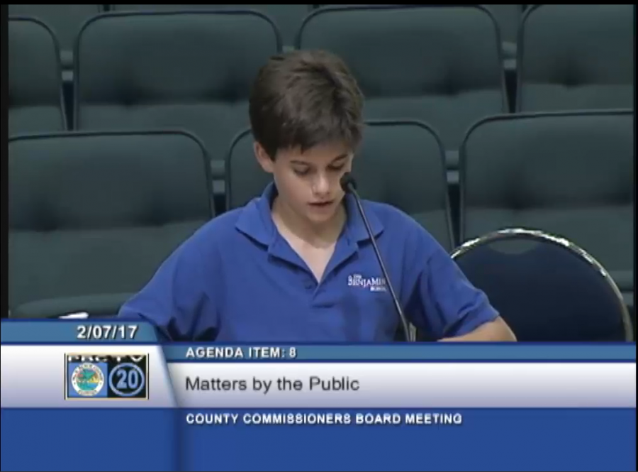 Seventh grader Jake Zur speaks to the Palm Beach County Commission about banning plastic bags for the safety of sea life.