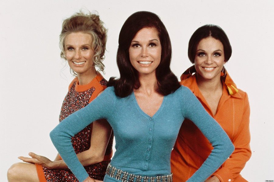 Cloris Leachman (left), Mary Tyler Moore (centre), and Valerie Harper pose for a publicity photo for The Mary Tyler Moore Show. The sitcom starred Leachman as Phyllis Lindstrom, Tyler Moore as Mary Richards, and Harper as Rhoda Morgenstern.