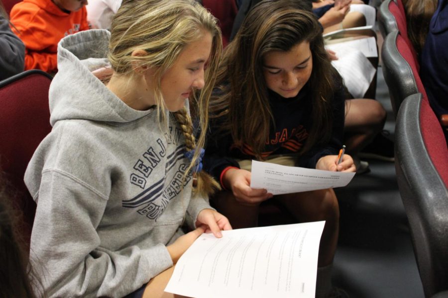 EIghth graders Kate SMall (left) and Lily Valentini look over a worksheet about explicit and implicit bias during the ADL workshop on October 26 in the Barker Performing Arts Center.