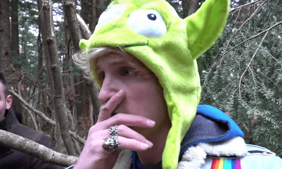 In a screenshot from his December 31 video, Logan Paul reacts to finding a suicide victim in  JapansSea of Trees.