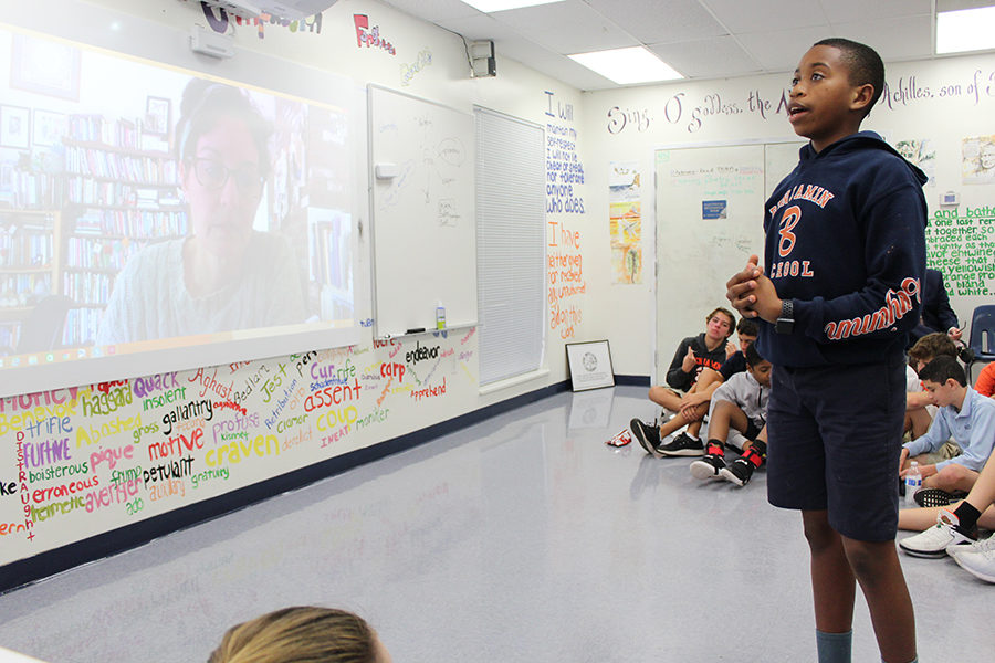 Seventh grader Alexander Fleming-Lake speaks with Ms. Baskin during the Skype session organized by Dr. James on February 15, 2018.