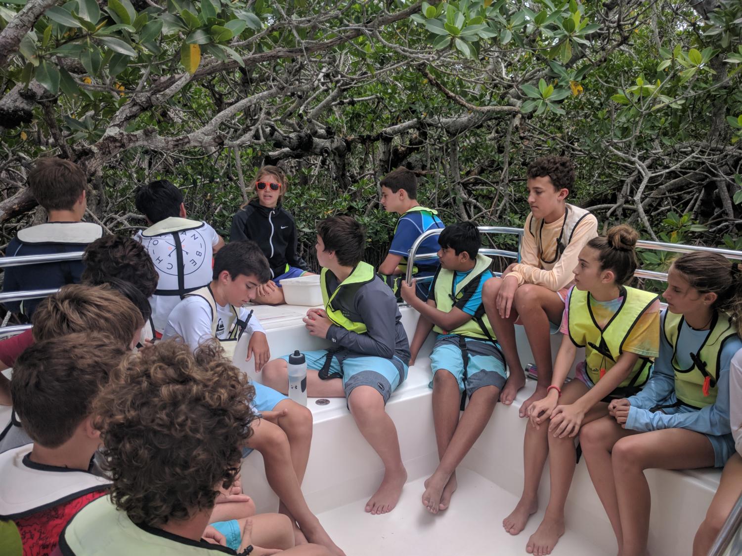 The students learn about mangroves and the coastal ecosystem during one of their boat rides in the Keys.