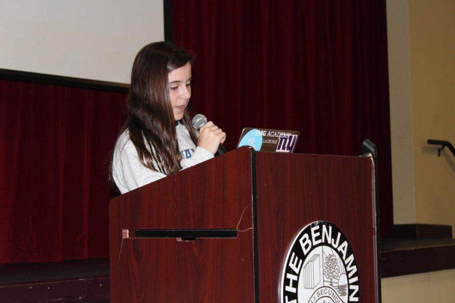 Eighth+grader+Jessica+Holland++delivers+her+campaign+speech+to+students+in+the+BPAC+on+September+24%2C+2018.