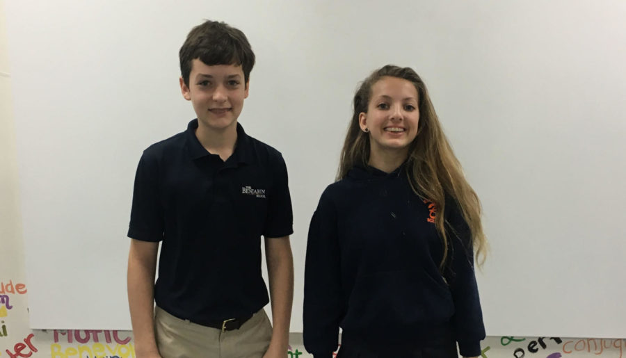 Seventh graders RYan FitzPatrick and Izzy Casher were the top two spellers in Mr. Ginnettys  A period class.