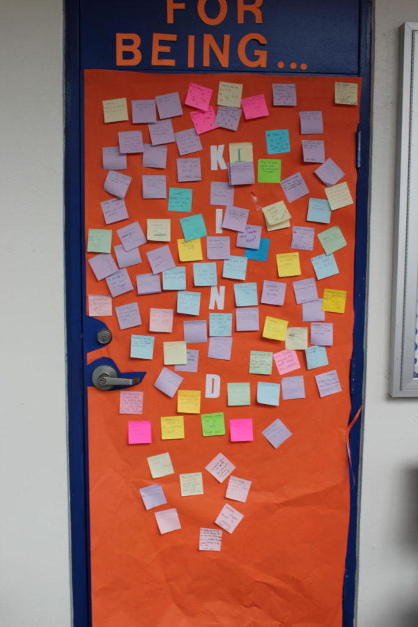 The Kindness door is outside the buc-cafe and it is used to display all the kind acts going on in the middle school.