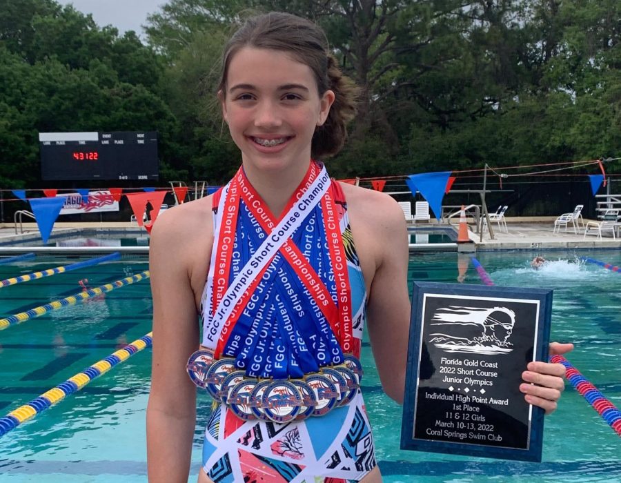 Allison Kelley won 7 Individual Gold Medals (400IM, 50 Free, 100 Back, 100 Free, 500 Free, 50 Back, and 200 Free). She won the 11-12 Girls High Point Award for the meet.  Also, she was part of 4 relays that won 1 Gold, 2 Silver, and 1 Bronze. 
