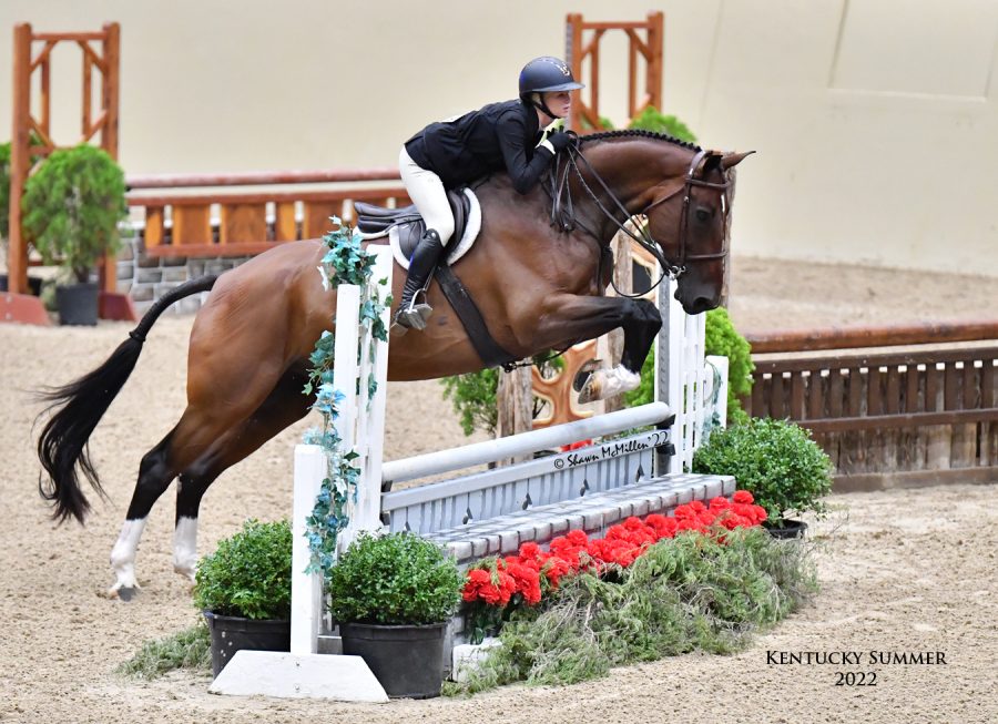 Cassidy John goes up for a jump with her horse Hoplin at a show.